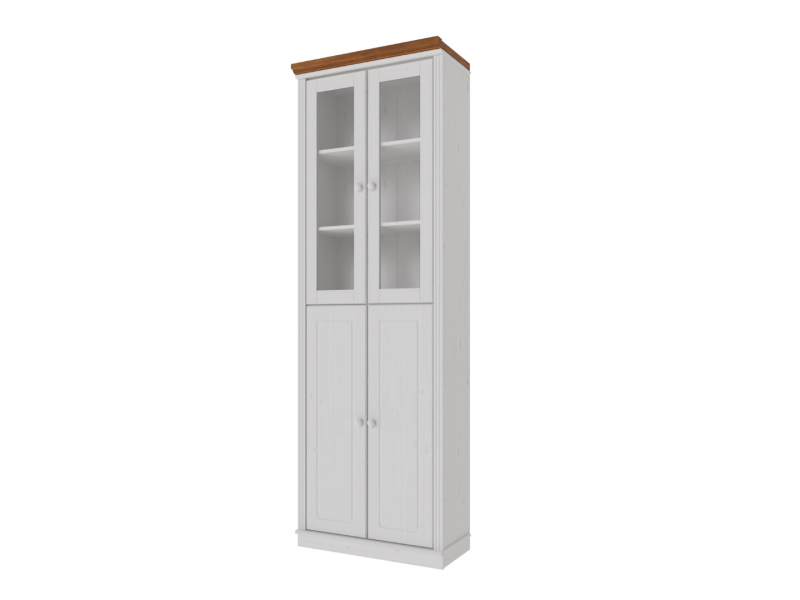Estante Biblioteca 220 cm com duas portas de madeira e duas portas de vidro na cor branco lavado e mel | Coleção Biblioteca